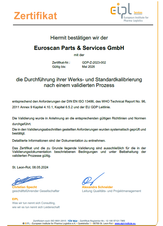 EIPL Zertifikat – Swissscan Parts & Services GmbH